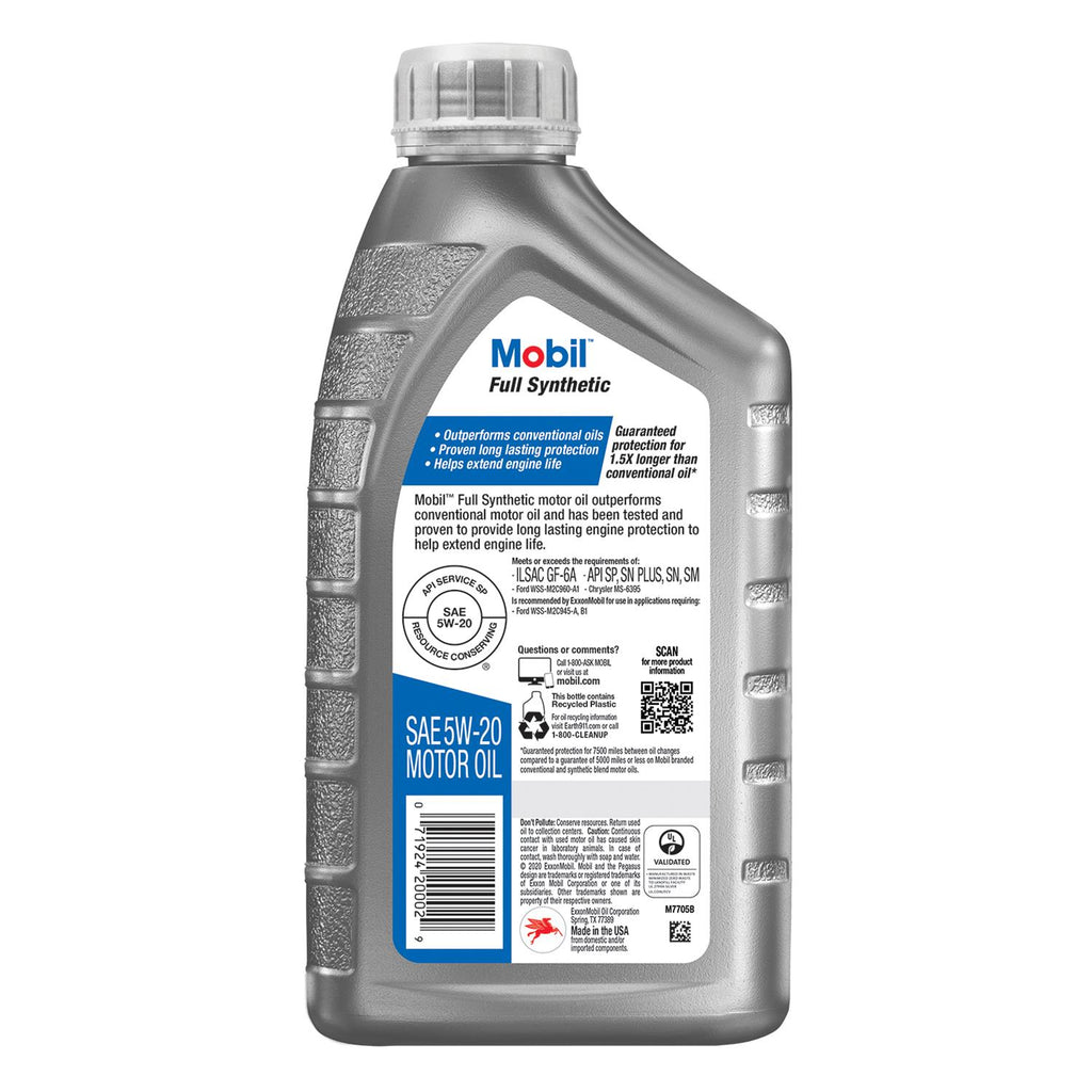 MOBIL Motor Oil: Synthetic, 1 qt Size, 5W-20, Full Synthetic , Case Of 6 Quarts