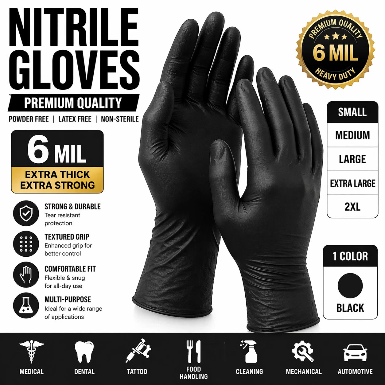 6 Mil Black Nitrile Gloves Disposable Heavy Duty Powder Free Latex Free XXL 3 BX. Bundle